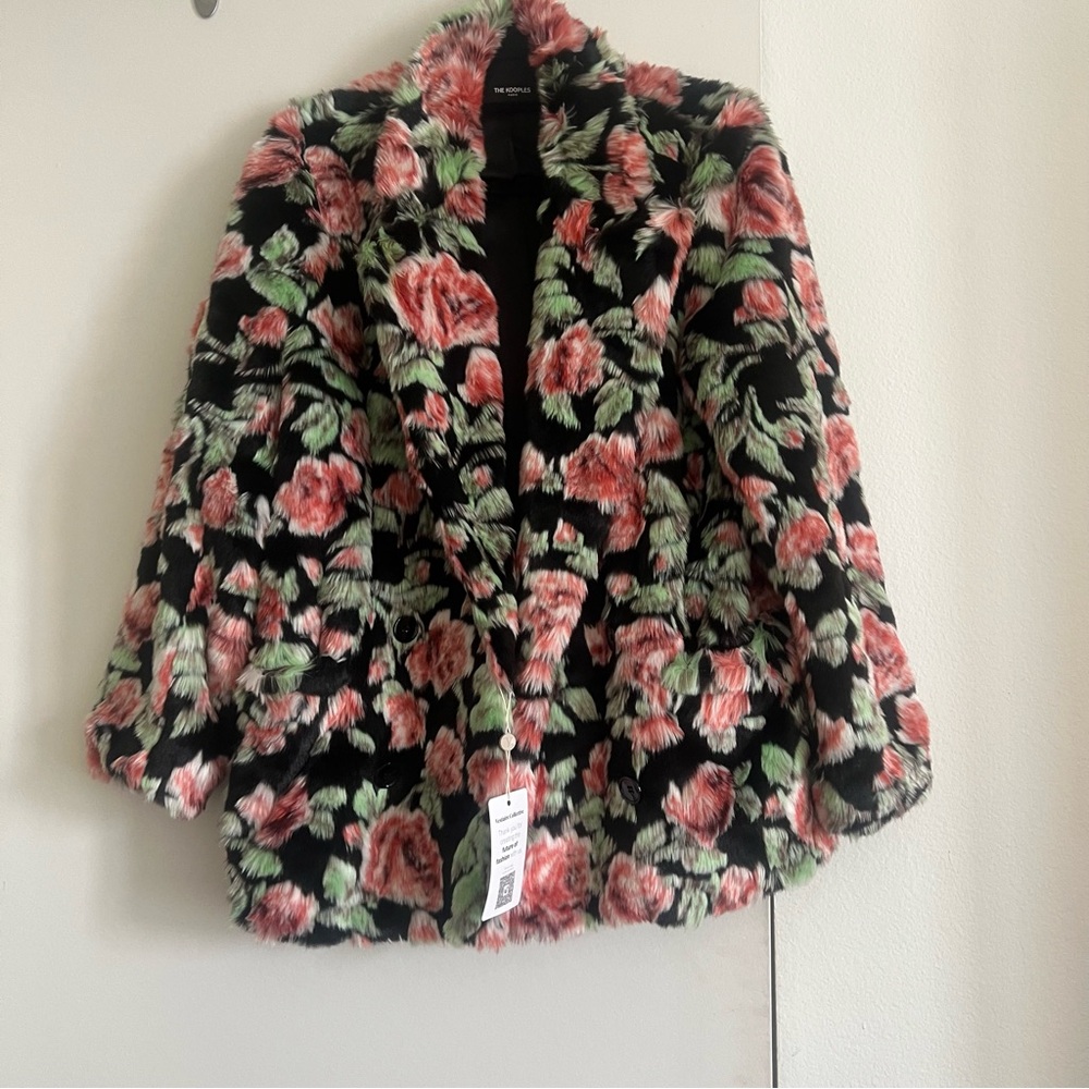 NWOT! The Kooples Neon Rose Floral-Print Faux-Fur Coat - Picture 9 of 13